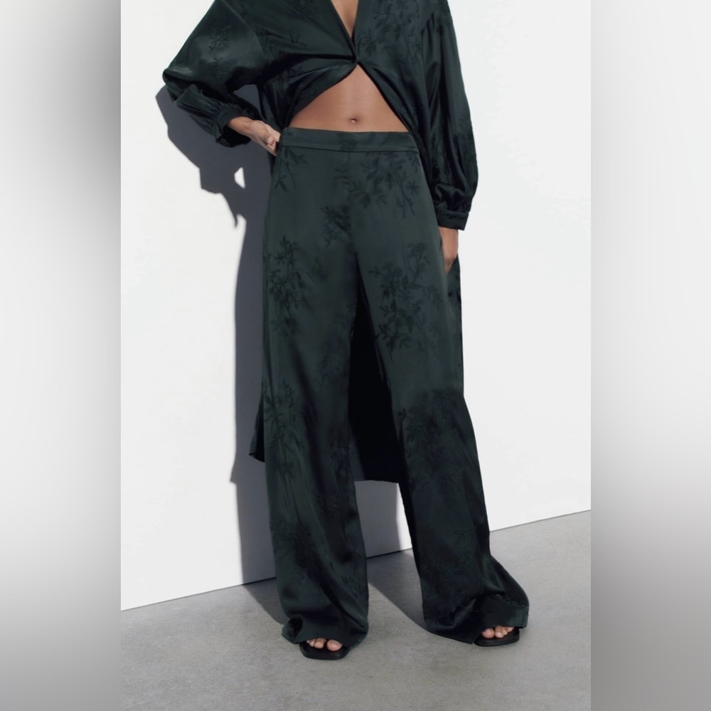 Zara Luxury Green‎ Bohemian Embroidered Satin Effect Wide Leg Lounge Pants Sz L